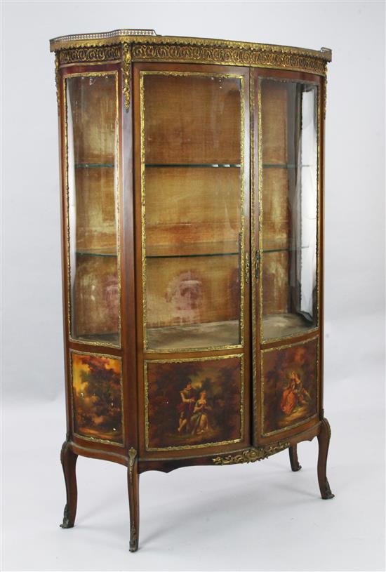 A French gilt metal mounted Vernis Martin style bowfront vitrine, W.3ft 4in. D.1ft 5in. H.5ft 5in.
